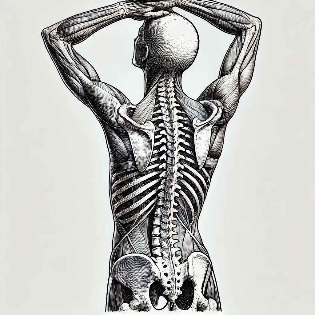 illustrated drawing of a skeletal human in slight extension for an article on yoga poses