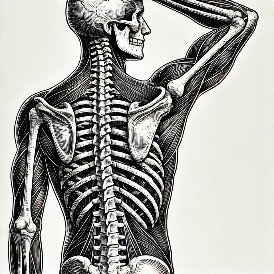 llustrated drawing of a skeletal human in slight rotation for an article on yoga poses