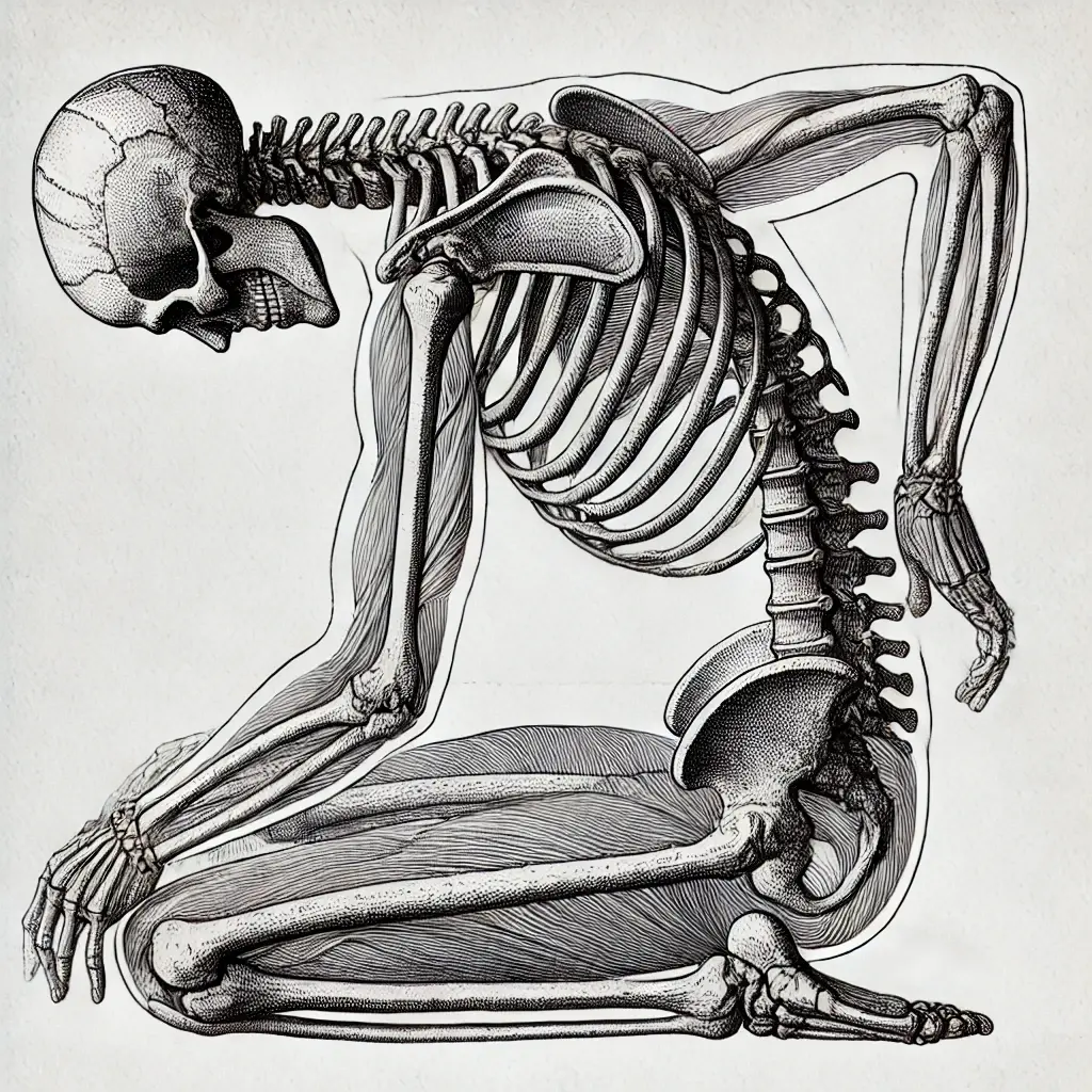 illustrated drawing of a skeletal human bending forward for an article on yoga poses