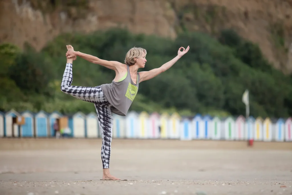 Elaine in Pigeon yoga pose for yoga images at erling.yoga